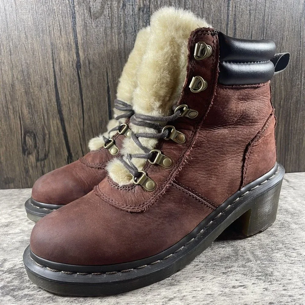 Dr Martens SYLVIA Boot 6 Eye Brown Shearling Lined Womens Platform Size 7 - Picture 2 of 8